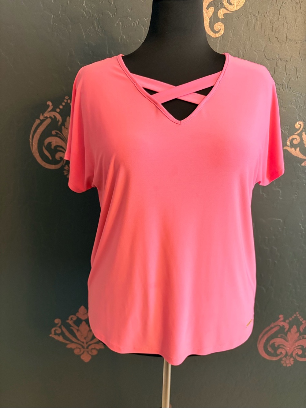Nine West Coral Pink Crisscross V-Neck Short Sleeve Top